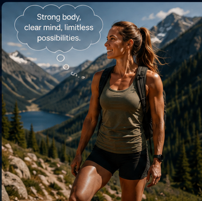 Fit woman hiking in the mountains, representing energy, freedom, and women's health