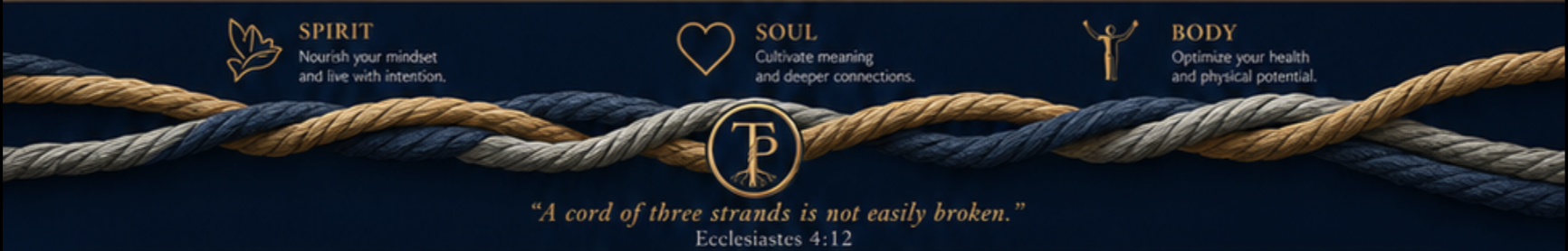 Spirit, Soul, and Body banner with three intertwined ropes and the Telo Prime emblem
